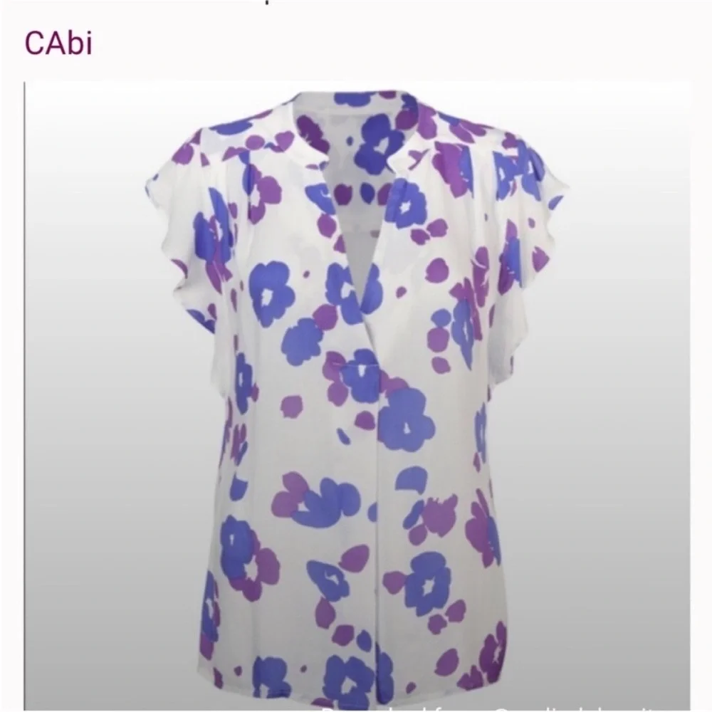 CAbi White and Cream Ruffled Blouse with Cap Sleeves - Picture 1 of 7